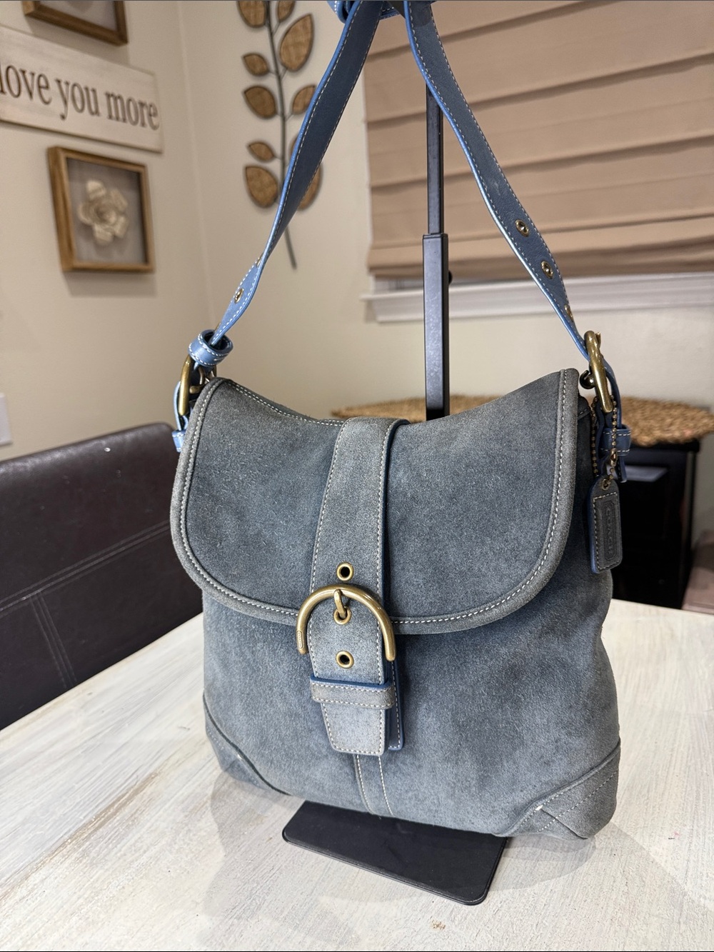 Vintage Y2K SoHo Buckle Flap Coach Suede Dusty Blue Crossbody